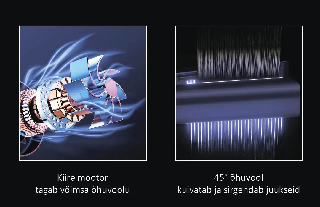 Kiire kiirusega mootor tagab võimsa 45-kraadise õhuvoolu, mis kuivatab ja sirgendab juukseid - Daiwall AirStrait DF-08 föön ja sirgendaja